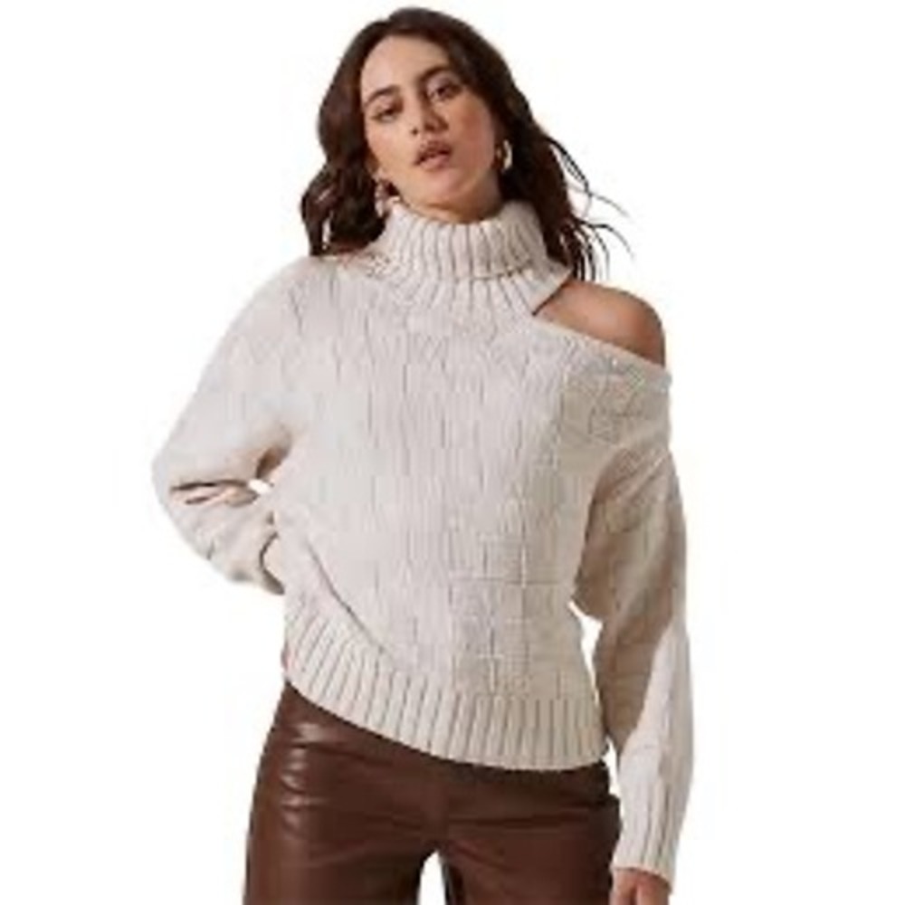 Staud  Frappe Beige Knit Turtleneck Sweater One Shoulder Cutout‎ Size Large